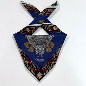 WOMEN HANDKERCHIEF CELINE Gold Blue Floral Scarf BandanaCOTTON POCKET SQUARE 18”